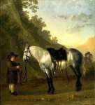Мальчик держит серую лошадь
